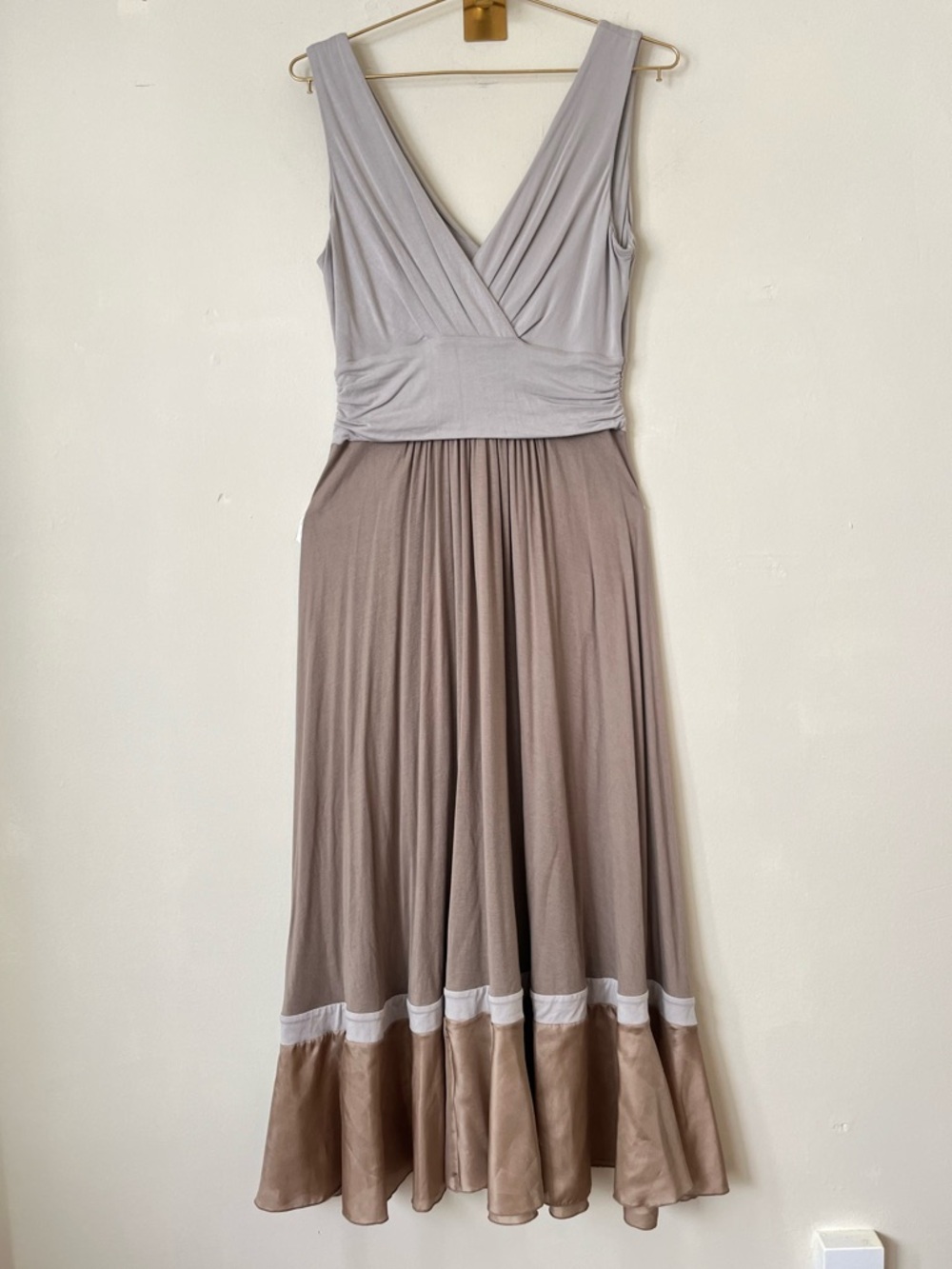 Nougat London Silk Two-Tone Taupe and Light Gray neutral Maxi Dress 2